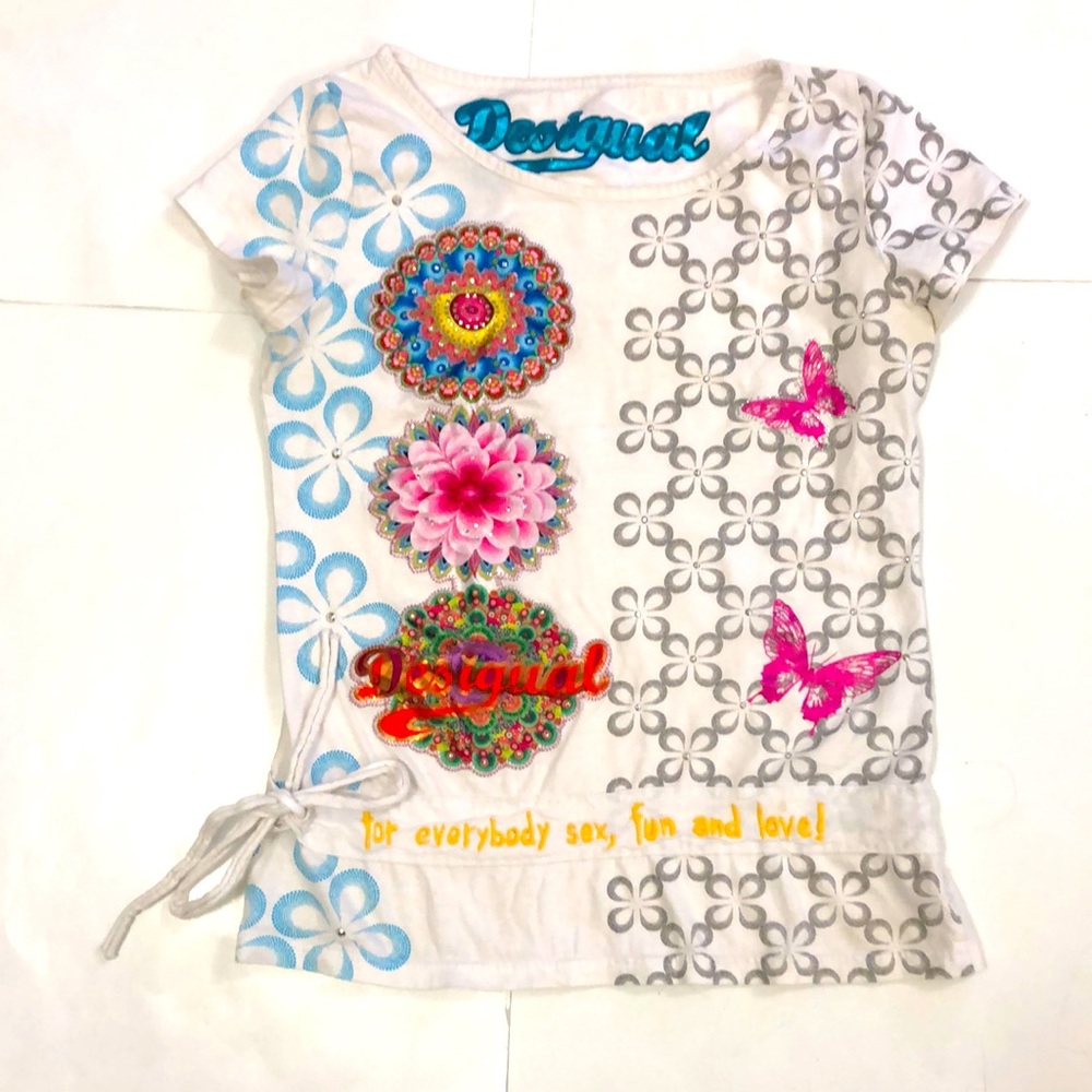 Desigual S T-shirt White Floral Butterfly Print Crystal Pattern Satin Appliqués